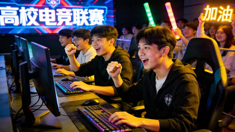高校电竞比赛场景，年轻选手充满激情